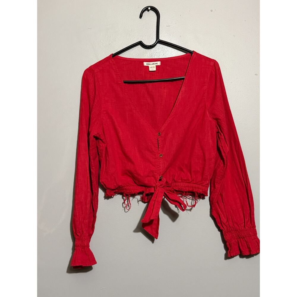 Billabong Red Tie Front Crop Blouse Womens Boho V Neck Long Sleeve Frayed Hem